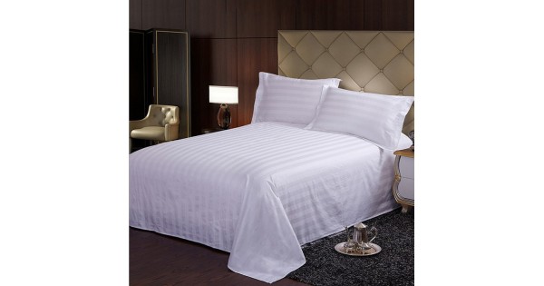 Satin Strips Cotton White Bed Sheets for Hotels & Resorts