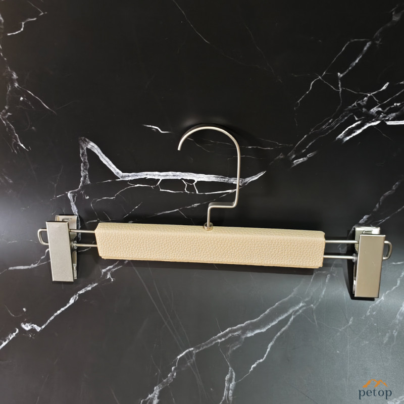 Luxury Leather Trouser Hangers with Adjustable Anti-Scratch Clips for Premium Hotel Guest Room Luxury Leather Trouser Hangers with Adjustable Anti-Scratch Clips for Premium Hotel Guest Room