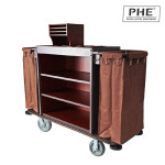 Deluxe Iron Frame Mixed Wooden Board Housekeeping Trolley with Double Canvas Bag 1pcs pack