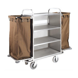 4 Layers Brushed Stainless Steel Housekeeping Trolley with Two Pockets 1pc pack